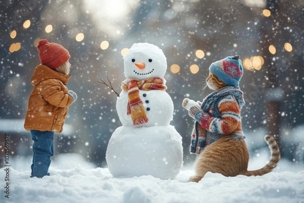 Obraz A delightful winter scene where a family is building a snowman, while their mischievous cat sits atop a nearby snow mound, curiously watching the fun.