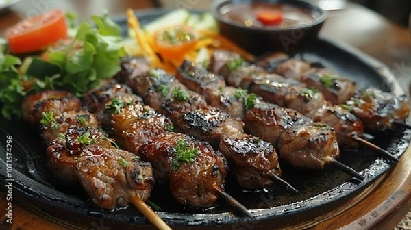 Fototapeta Grilled meat skewers with sauce and salad on a black plate.