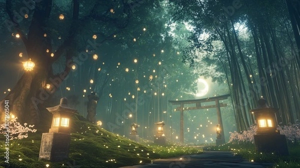 Fototapeta 日本の祭りの後の夜の森