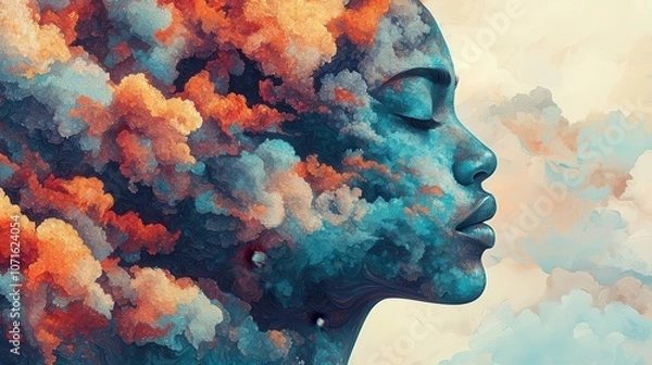 Fototapeta A surreal portrait blending a woman's profile with a vibrant cloudscape, symbolizing creativity and introspection