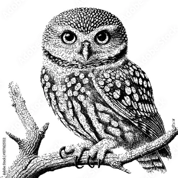 Obraz Intricate Stippled Dotwork Owl Illustration on Branch with clipping path.