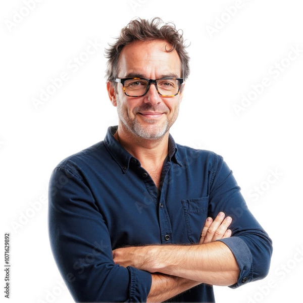 Obraz Smiling middle-aged man with glasses in dark shirt on transparent background