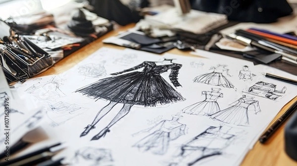 Fototapeta Fashion Sketches Displayed on a Wooden Table Surrounded by Design Elements and Creative Tools in a Spacious Studio Setting