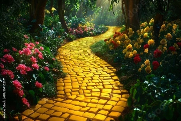 Fototapeta Beautiful garden pathway made yellow cobblestones surrounded by Enchanted Journey Down