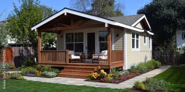 Fototapeta Small single-story house sloping roof porch is painted ADU dwelling unit