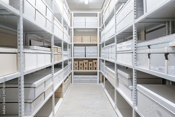 Fototapeta A neatly stacked white paper boxes arranged in rows and columns inside warehouse, a police archive with evidence box in aisle shelves