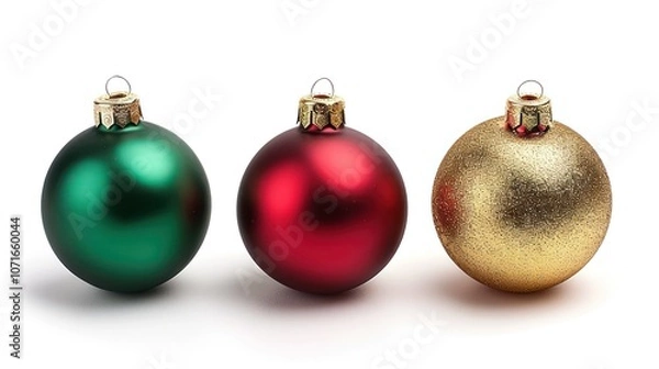 Fototapeta Christmas baubles in red, green, and gold, isolated on white