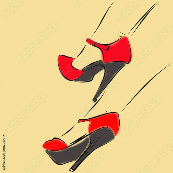 Obraz Женские ноги. красные туфли на шпильке высокий каблук. Силуэт женских ног в туфлях 