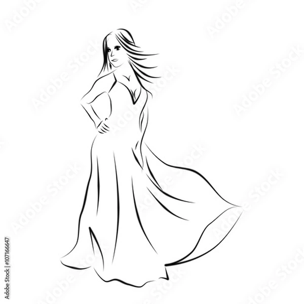 Obraz Девушка позирует в воздушном летнем длинном платье. Силуэт девушки черные  линии на белом фоне.