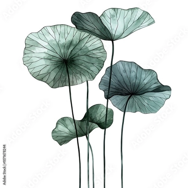 Fototapeta Watercolor Illustration of Five Green Lotus Leaves.