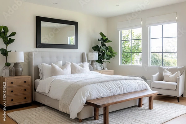 Obraz Bright Bedroom with Large Mirror