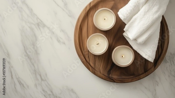 Fototapeta White spa elements on a wooden plate with candles and a white towel on a marble table