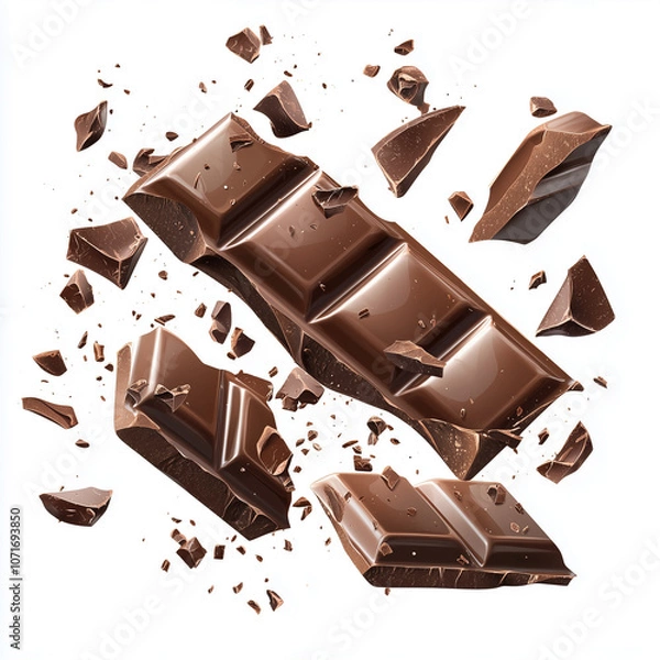 Obraz Broken pieces of chocolate flying isolated on transparent background. Chocolate explosion. Cutout, PNG