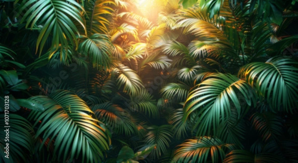 Fototapeta A dark green canopy of many palm tree leaves.