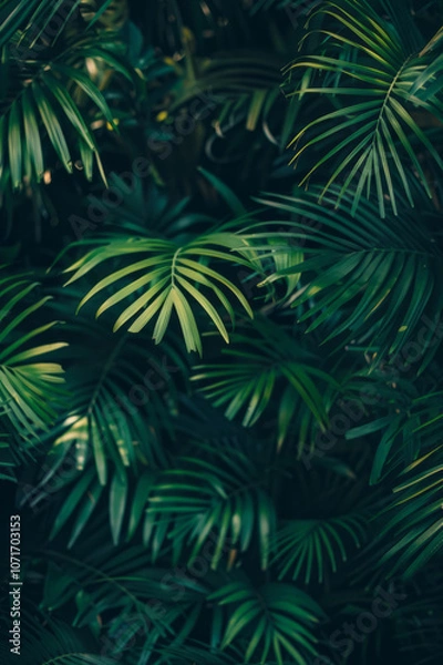 Fototapeta A closeup of leaves creates an atmosphere of mystery and intrigue in a dark green palm tree forest.