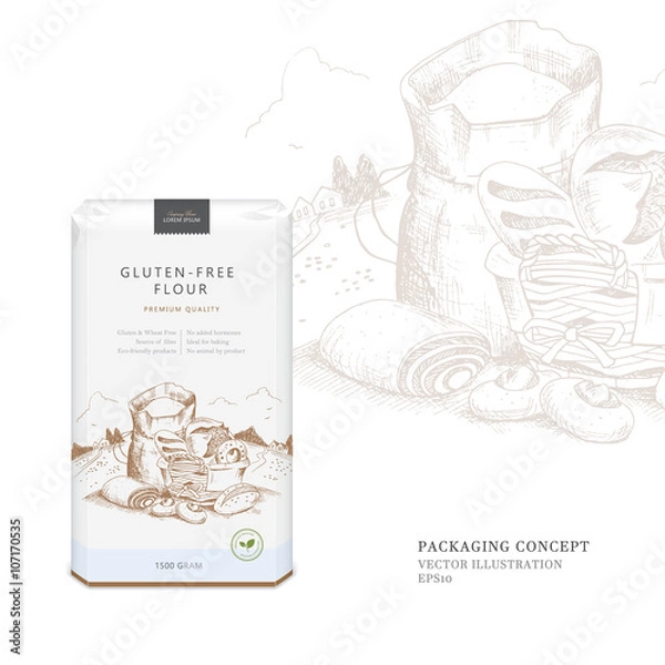 Fototapeta Gluten Free Flour. Vector concept for packaging design for specific flour substitutes.