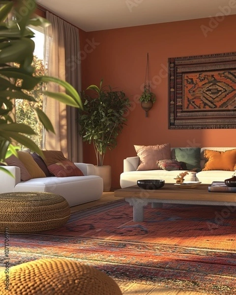 Fototapeta Warm Bohemian Living Room with Earthy Terracotta Walls, Eclectic Decor, and Colorful Textured Rug, Cozy Seating Area with Natural Light and Indoor Plants, Inviting Home Design with Rustic and Cultural