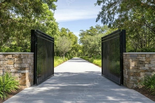 Fototapeta Driveway gates powered by solar technology illuminate pathways with smart lighting, promoting outdoor wellness through exercise and environmental awareness.