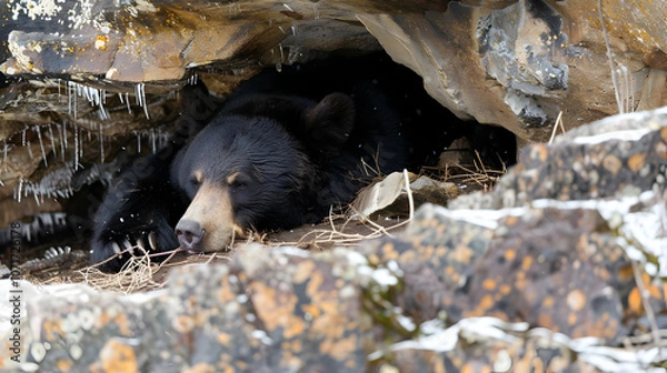 Obraz A bear hibernating in a cave during the winter months