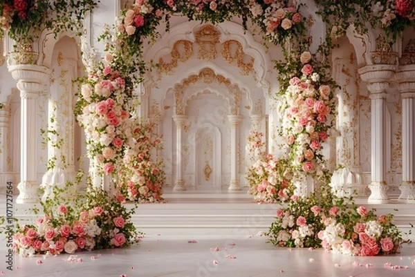 Fototapeta A grand white archway adorned with flowers generative AI	
