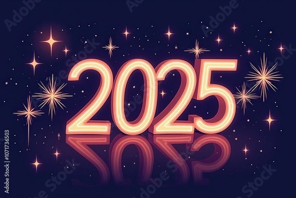 Obraz Celebrate the Future with Style: Stunning 2025 Neon Signage against a Dark Blue Night Sky with Sparkling Stars, Perfect for New Year's Eve Decorations, Party Invitations, and Social Media Posts