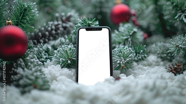 Fototapeta Generative AI. Mobile phone screen layout template, on a Christmas background, gifts snow Christmas tree
