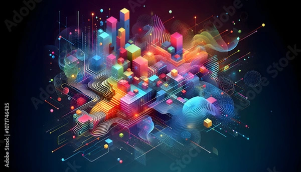 Fototapeta An energetic digital scene with neon-lit cubes and flowing textures, merging 3D forms and colorful gradients. The image captures the essence of digital transformation, 