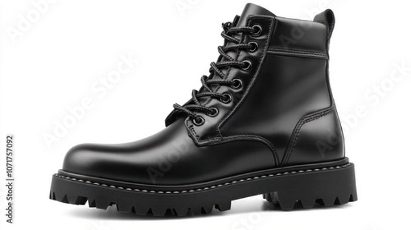 Obraz Classic black combat boots with lace-up design, isolated on white, representing rugged style