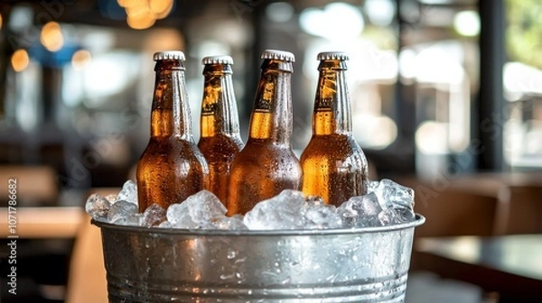 Fototapeta cold bottles of beer in bucket with ice in a restaurant setting
