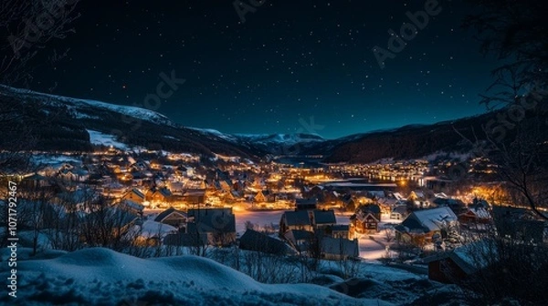 Obraz A stunning wide-angle shot of a quaint village nestled in a snowy valley under a mesmerizing night sky, with the twinkling lights of the town reflecting the brilliance of the stars.