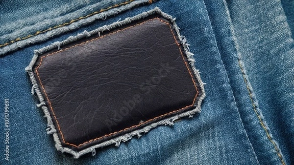 Fototapeta Frayed black leather patch on denim, showcasing rugged style and texture