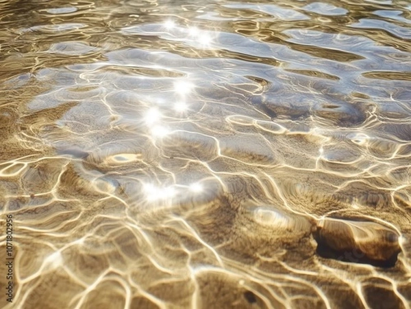 Fototapeta close-up view of clear water rippling gently, sunlight creating sparkling reflections on the surface, inviting tranquility and calmness, perfect for a cosmetic promotional background