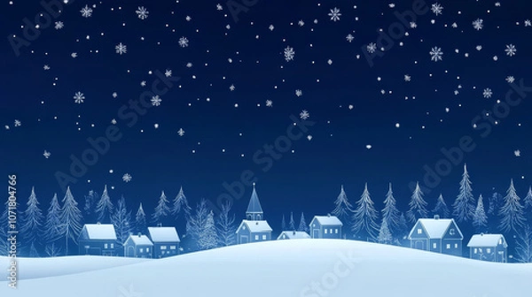 Fototapeta serene winter village under starry night sky, with snowflakes gently falling, creates festive and cozy atmosphere.