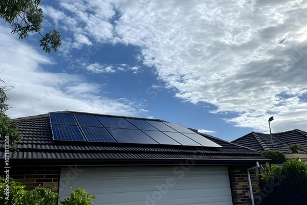 Fototapeta A house featuring solar panels on the roof under a partly cloudy sky.