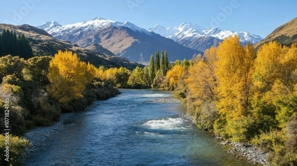Fototapeta Forest and river under snowy mountains in autumn