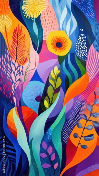 Fototapeta Colorful abstract patterns inspired by beach flora and fauna, featuring vibrant shapes and lively