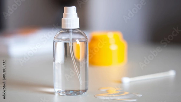 Fototapeta Promotional photo of a bottle with micellar spray water on the table. A bright yellow cream and a cotton swab are depicted in the background. With a place for the text.