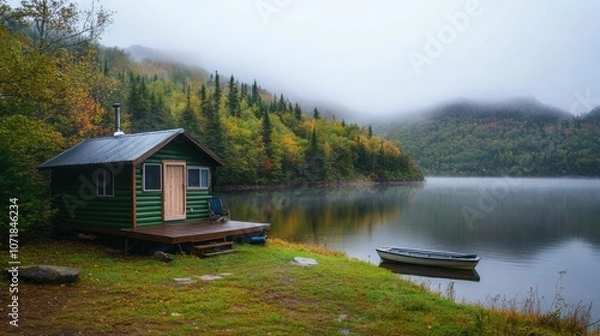 Obraz Quiet lake and house forest in autumn rain