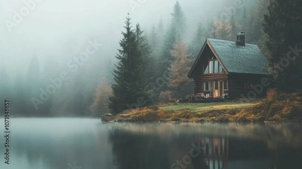 Fototapeta Quiet lake and house forest in autumn rain