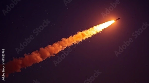 Fototapeta Rocket blasting off into a clear night sky, with flames lighting up the smoke trail. An inspiring vision of space travel.