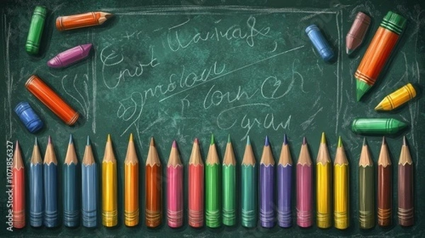 Fototapeta School-themed banner with pencils, notebook, and chalkboard background welcoming students to a new school year.