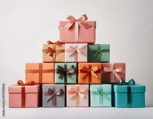 Fototapeta Simple, colorful gift boxes with bows stacked neatly on a plain white background