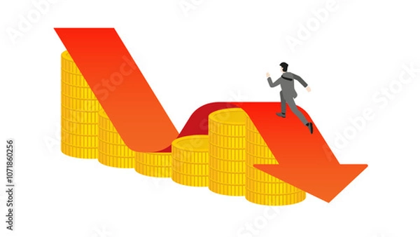 Fototapeta Businessman runs on a red arrow decrease down on a stack of coins. Business down, wealth creation, financial planning, investment goal, corporate development, economic achievement, profit and loss