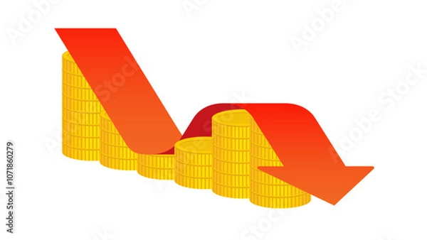Fototapeta A red arrow graph down on a stack of coins. Concepts of business growth, wealth creation, financial planning, investment goal, success, corporate development, economic achievement, profit and loss
