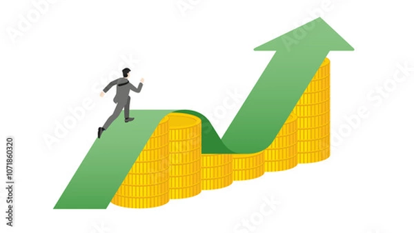 Fototapeta Businessman runs on a green arrow graph rising on a stack of coins. Business growth, wealth creation, financial planning, investment goal, corporate development, economic achievement, profit and loss