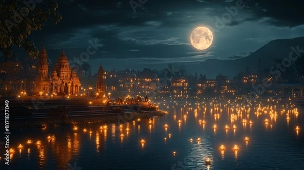 Fototapeta A city with a large moon in the sky