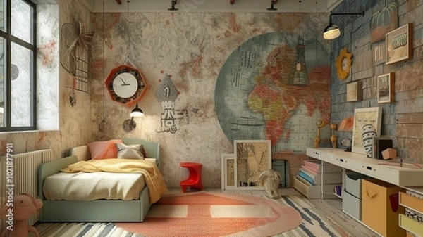 Fototapeta AI generated image. A decorative, colorful baby room with a modern pattern and special wall decor