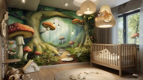 Fototapeta AI generated image. A decorative, colorful baby room with a modern pattern and special wall decor