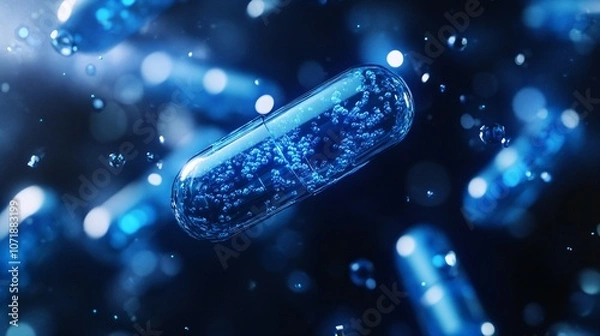 Fototapeta Stream of blue capsules symbolizing overdose concept in pharmaceutical industry, overdose, medication, pills, capsules