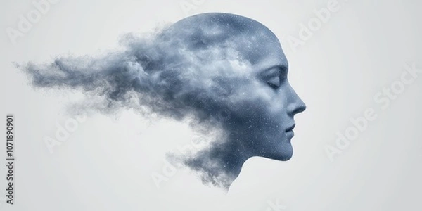 Fototapeta A surreal depiction of a woman's profile intertwined with cloud patterns.